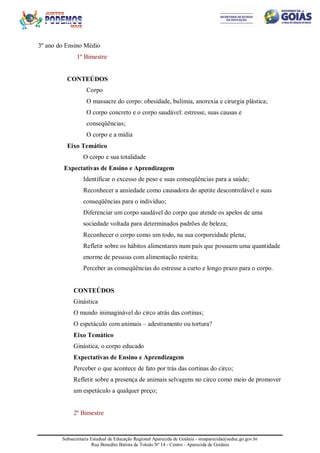 Subsecretaria Estadual de Educação Regional Aparecida de Goiânia - sreaparecida@seduc.go.gov.br
Rua Benedito Batista de Toledo Nº 14 - Centro - Aparecida de Goiânia
3º ano do Ensino Médio
1º Bimestre
CONTEÚDOS
Corpo
O massacre do corpo: obesidade, bulimia, anorexia e cirurgia plástica;
O corpo concreto e o corpo saudável: estresse, suas causas e
conseqüências;
O corpo e a mídia
Eixo Temático
O corpo e sua totalidade
Expectativas de Ensino e Aprendizagem
Identificar o excesso de peso e suas conseqüências para a saúde;
Reconhecer a ansiedade como causadora do apetite descontrolável e suas
conseqüências para o indivíduo;
Diferenciar um corpo saudável do corpo que atende os apelos de uma
sociedade voltada para determinados padrões de beleza;
Reconhecer o corpo como um todo, na sua corporeidade plena;
Refletir sobre os hábitos alimentares num país que possuem uma quantidade
enorme de pessoas com alimentação restrita;
Perceber as conseqüências do estresse a curto e longo prazo para o corpo.
CONTEÚDOS
Ginástica
O mundo inimaginável do circo atrás das cortinas;
O espetáculo com animais – adestramento ou tortura?
Eixo Temático
Ginástica, o corpo educado
Expectativas de Ensino e Aprendizagem
Perceber o que acontece de fato por trás das cortinas do circo;
Refletir sobre a presença de animais selvagens no circo como meio de promover
um espetáculo a qualquer preço;
2º Bimestre
 