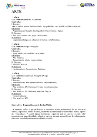 Subsecretaria Estadual de Educação Regional Aparecida de Goiânia - sreaparecida@seduc.go.gov.br
Rua Benedito Batista de Toledo Nº 14 - Centro - Aparecida de Goiânia
ARTE
1ª SÉRIE
Eixo temático: Memória e Ambiente
Conteúdos:
l Bimestre
- Os primeiros artistas da humanidade: arte paleolítica; arte neolítica e idade dos metais;
ll Bimestre
- As primeiras civilizações da antiguidade: Mesopotâmia e Egito;
lll Bimestre
- Arte greco romana: arte grega e arte romana;
lV Bimestre
- Os primeiros tempos da arte cristã primitiva e arte bizantina.
2ª SÉRIE
Eixo temático: Corpo e Projeções
Conteúdos:
l Bimestre
- Idade Média: arte românica e arte gótica;
ll Bimestre
- Arte indígena;
- Renascimento: artistas renascentistas;
lll Bimestre
- Barroco e Rococó;
lV Bimestre
- Neoclassicismo: Romantismo e Realismo.
3ª SÉRIE
Eixo temático: Tecnologia, Projeções e Corpo
Conteúdos:
l Bimestre
- Impressionismo, Pós-impressionismo e Expressionismo;
ll Bimestre
- Arte no século XX: Cubismo, Fovismo e Abstracionismo;
lll Bimestre
- Arte no século XX: Dadaísmo, Op Art e Pop Art;
lV Bimestre
- Novas tendências
- Arte no século XXl
Expectativas de aprendizagem do Ensino Médio:
A proposta, enfim, é que professores e estudantes sejam protagonistas de sua educação
estética, explorando formas de olhar, interpretar e compreender criticamente o mundo a partir
das visualidades. A partir destes referenciais espera-se que os sujeitos possam estar
conscientes de suas identidades plurais e móveis, gerando competências de solidariedade,
respeito e intercâmbio com as diversidades culturais.
 