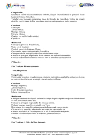 Subsecretaria Estadual de Educação Regional Aparecida de Goiânia - sreaparecida@seduc.go.gov.br
Rua Benedito Batista de Toledo Nº 14 - Centro - Aparecida de Goiânia
Competências
Reconhecer e saber utilizar corretamente símbolos, códigos e nomenclaturas de grandezas físicas
ligadas ao tema de eletricidade.
Trabalhar com linguagem matemática ligada às fórmulas da eletricidade. Utilizar da notação
científica com forma de facilitar a escrita de números muito grandes ou muito pequenos.
Conteúdos
Eletrização;
A força elétrica;
O campo elétrico;
Potencial elétrico;
Condutor em equilíbrio eletrostático;
Capacitores.
Habilidades
Conhecer os processos de eletrização.
Usar a Lei de Coulomb.
Construir o conceito de campo elétrico.
Compreender o conceito de potencial eletrostático.
Conseguir calcular a energia potencial de um sistema de cargas.
Conhecer as principais propriedades de um condutor em equilíbrio eletrostático.
Conhecer o efeito de um dielétrico colocado entre as armaduras de um capacitor.
3º Bimestre
Eixo Temático: Eletromagnetismo
Tema: Magnetismo
Competências
Compreender conceitos, procedimentos e estratégias matemáticas, e aplicá-las a situações diversas
no contexto das ciências, da tecnologia e das atividades cotidianas.
Conteúdos
O campo magnético;
A força magnética;
Fontes de campo magnético;
Indução eletromagnética.
Habilidades
Conseguir determinar a direção e o sentido do campo magnético produzido por um ímã em forma
de barra e um ímã em forma de U.
Conhecer as principais propriedades dos pólos de um ímã.
Conhecer o campo magnético produzido pela Terra.
Determinar a força magnética sobre uma partícula carregada em movimento.
Calcular a força magnética sobre um fio percorrido por corrente elétrica.
Conhecer a definição de fluxo magnético e as leis da indução eletromagnética.
Entender o funcionamento básico de motores e geradores elétricos.
4º Bimestre
Eixo Temático: A Física do Meio Ambiente
 