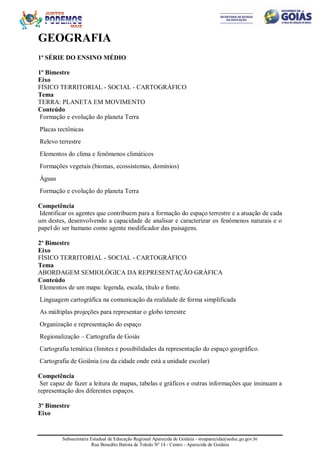 Subsecretaria Estadual de Educação Regional Aparecida de Goiânia - sreaparecida@seduc.go.gov.br
Rua Benedito Batista de Toledo Nº 14 - Centro - Aparecida de Goiânia
GEOGRAFIA
1ª SÉRIE DO ENSINO MÉDIO
1º Bimestre
Eixo
FÍSICO TERRITORIAL - SOCIAL - CARTOGRÁFICO
Tema
TERRA: PLANETA EM MOVIMENTO
Conteúdo
Formação e evolução do planeta Terra
Placas tectônicas
Relevo terrestre
Elementos do clima e fenômenos climáticos
Formações vegetais (biomas, ecossistemas, domínios)
Águas
Formação e evolução do planeta Terra
Competência
Identificar os agentes que contribuem para a formação do espaço terrestre e a atuação de cada
um destes, desenvolvendo a capacidade de analisar e caracterizar os fenômenos naturais e o
papel do ser humano como agente modificador das paisagens.
2º Bimestre
Eixo
FÍSICO TERRITORIAL - SOCIAL - CARTOGRÁFICO
Tema
ABORDAGEM SEMIOLÓGICA DA REPRESENTAÇÃO GRÁFICA
Conteúdo
Elementos de um mapa: legenda, escala, título e fonte.
Linguagem cartográfica na comunicação da realidade de forma simplificada
As múltiplas projeções para representar o globo terrestre
Organização e representação do espaço
Regionalização – Cartografia de Goiás
Cartografia temática (limites e possibilidades da representação do espaço geográfico.
Cartografia de Goiânia (ou da cidade onde está a unidade escolar)
Competência
Ser capaz de fazer a leitura de mapas, tabelas e gráficos e outras informações que insinuam a
representação dos diferentes espaços.
3º Bimestre
Eixo
 