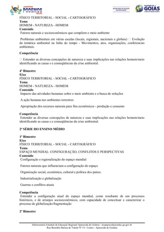 Subsecretaria Estadual de Educação Regional Aparecida de Goiânia - sreaparecida@seduc.go.gov.br
Rua Benedito Batista de Toledo Nº 14 - Centro - Aparecida de Goiânia
FÍSICO TERRITORIAL - SOCIAL - CARTOGRÁFICO
Tema
HOMEM - NATUREZA - HOMEM
Conteúdo
Fatores naturais e socioeconômicos que compõem o meio ambiente
Problemas ambientais em várias escalas (locais, regionais, nacionais e globais)  Evolução
da temática ambiental na linha do tempo - Movimentos, atos, organizações, conferencias
ambientais.
Competência
 Entender as diversas concepções de natureza e suas implicações nas relações homem/meio
identificando as causa s e conseqüências da crise ambiental.
4º Bimestre
Eixo
FÍSICO TERRITORIAL - SOCIAL - CARTOGRÁFICO
Tema
HOMEM - NATUREZA - HOMEM
Conteúdo
Impacto das atividades humanas sobre o meio ambiente e a busca de soluções
A ação humana nos ambientes terrestres
Apropriação dos recursos naturais para fins econômicos - produção e consumo
Competência
Entender as diversas concepções de natureza e suas implicações nas relações homem/meio
identificando as causa s e conseqüências da crise ambiental.
2ª SÉRIE DO ENSINO MÉDIO
1º Bimestre
Eixo
FÍSICO TERRITORIAL - SOCIAL - CARTOGRÁFICO
Tema
ESPAÇO MUNDIAL: CONFIGURAÇÃO, CONFLITOS E PERSPECTIVAS
Conteúdo
Configuração e regionalização do espaço mundial
Fatores naturais que influenciam a configuração do espaço
Organização social, econômica, cultural e política dos países.
Industrialização e globalização
Guerras e conflitos atuais
Competência
Entender a configuração atual do espaço mundial, como resultante de um processos
históricos, e de arranjos socioeconômicos, com capacidade de conceituar e caracterizar o
processo de globalização/fragmentação
2º Bimestre
 