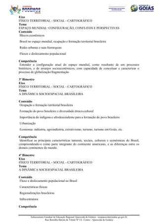 Subsecretaria Estadual de Educação Regional Aparecida de Goiânia - sreaparecida@seduc.go.gov.br
Rua Benedito Batista de Toledo Nº 14 - Centro - Aparecida de Goiânia
Eixo
FÍSICO TERRITORIAL - SOCIAL - CARTOGRÁFICO
Tema
ESPAÇO MUNDIAL: CONFIGURAÇÃO, CONFLITOS E PERSPECTIVAS
Conteúdo
Blocos econômicos
Brasil no espaço mundial, ocupação e formação territorial brasileira
Redes urbanas e suas hierarquias
Fluxos e deslocamento populacional
Competência
Entender a configuração atual do espaço mundial, como resultante de um processos
históricos, e de arranjos socioeconômicos, com capacidade de conceituar e caracterizar o
processo de globalização/fragmentação
3º Bimestre
Eixo
FÍSICO TERRITORIAL - SOCIAL - CARTOGRÁFICO
Tema
A DINÂMICA SOCIOESPACIAL BRASILEIRA
Conteúdo
Ocupação e formação territorial brasileira
Formação do povo brasileiro e diversidade étnico-cultural
Importância do indígena e afrodescendente para a formação do povo brasileiro
Urbanização
Economia: indústria, agroindústria, extrativismo, turismo, turismo em Goiás, etc.
Competência
Identificar as principais características naturais, sociais, culturais e econômicas do Brasil,
compreendendo-o como parte integrante do continente americano, e as diferenças entre os
demais continentes do mundo.
4º Bimestre
Eixo
FÍSICO TERRITORIAL - SOCIAL - CARTOGRÁFICO
Tema
A DINÂMICA SOCIOESPACIAL BRASILEIRA
Conteúdo
Fluxo e deslocamento populacional no Brasil
Características físicas
Regionalizações brasileiras
Infra-estrutura
Competência
 