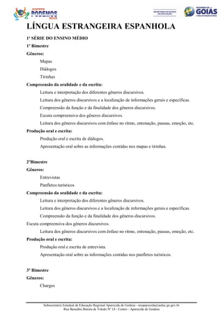 Subsecretaria Estadual de Educação Regional Aparecida de Goiânia - sreaparecida@seduc.go.gov.br
Rua Benedito Batista de Toledo Nº 14 - Centro - Aparecida de Goiânia
LÍNGUA ESTRANGEIRA ESPANHOLA
1ª SÉRIE DO ENSINO MÉDIO
1º Bimestre
Gêneros:
Mapas
Diálogos
Tirinhas
Compreensão da oralidade e da escrita:
Leitura e interpretação dos diferentes gêneros discursivos.
Leitura dos gêneros discursivos e a localização de informações gerais e específicas.
Compreensão da função e da finalidade dos gêneros discursivos.
Escuta compreensiva dos gêneros discursivos.
Leitura dos gêneros discursivos com ênfase no ritmo, entonação, pausas, emoção, etc.
Produção oral e escrita:
Produção oral e escrita de diálogos.
Apresentação oral sobre as informações contidas nos mapas e tirinhas.
2ºBimestre
Gêneros:
Entrevistas
Panfletos turísticos
Compreensão da oralidade e da escrita:
Leitura e interpretação dos diferentes gêneros discursivos.
Leitura dos gêneros discursivos e a localização de informações gerais e específicas.
Compreensão da função e da finalidade dos gêneros discursivos.
Escuta compreensiva dos gêneros discursivos.
Leitura dos gêneros discursivos com ênfase no ritmo, entonação, pausas, emoção, etc.
Produção oral e escrita:
Produção oral e escrita de entrevista.
Apresentação oral sobre as informações contidas nos panfletos turísticos.
3º Bimestre
Gêneros:
Charges
 
