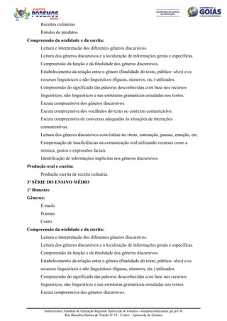Subsecretaria Estadual de Educação Regional Aparecida de Goiânia - sreaparecida@seduc.go.gov.br
Rua Benedito Batista de Toledo Nº 14 - Centro - Aparecida de Goiânia
Receitas culinárias
Rótulos de produtos
Compreensão da oralidade e da escrita:
Leitura e interpretação dos diferentes gêneros discursivos.
Leitura dos gêneros discursivos e a localização de informações gerais e específicas.
Compreensão da função e da finalidade dos gêneros discursivos.
Estabelecimento da relação entre o gênero (finalidade do texto, público- alvo) e os
recursos linguísticos e não linguísticos (figuras, números, etc.) utilizados.
Compreensão do significado das palavras desconhecidas com base nos recursos
linguísticos, não linguísticos e nas estruturas gramaticais estudadas nos textos.
Escuta compreensiva dos gêneros discursivos.
Escuta compreensiva dos vocábulos do texto no contexto comunicativo.
Escuta compreensiva de conversas adequadas às situações de interações
comunicativas.
Leitura dos gêneros discursivos com ênfase no ritmo, entonação, pausas, emoção, etc.
Compensação de insuficiências na comunicação oral utilizando recursos como a
mímica, gestos e expressões faciais.
Identificação de informações implícitas nos gêneros discursivos.
Produção oral e escrita:
Produção escrita de receita culinária.
3ª SÉRIE DO ENSINO MÉDIO
1º Bimestre
Gêneros:
E-mails
Poemas
Conto
Compreensão da oralidade e da escrita:
Leitura e interpretação dos diferentes gêneros discursivos.
Leitura dos gêneros discursivos e a localização de informações gerais e específicas.
Compreensão da função e da finalidade dos gêneros discursivos.
Estabelecimento da relação entre o gênero (finalidade do texto, público- alvo) e os
recursos linguísticos e não linguísticos (figuras, números, etc.) utilizados.
Compreensão do significado das palavras desconhecidas com base nos recursos
linguísticos, não linguísticos e nas estruturas gramaticais estudadas nos textos.
Escuta compreensiva dos gêneros discursivos.
 