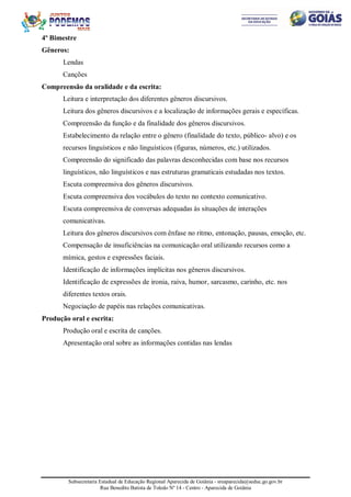 Subsecretaria Estadual de Educação Regional Aparecida de Goiânia - sreaparecida@seduc.go.gov.br
Rua Benedito Batista de Toledo Nº 14 - Centro - Aparecida de Goiânia
4º Bimestre
Gêneros:
Lendas
Canções
Compreensão da oralidade e da escrita:
Leitura e interpretação dos diferentes gêneros discursivos.
Leitura dos gêneros discursivos e a localização de informações gerais e específicas.
Compreensão da função e da finalidade dos gêneros discursivos.
Estabelecimento da relação entre o gênero (finalidade do texto, público- alvo) e os
recursos linguísticos e não linguísticos (figuras, números, etc.) utilizados.
Compreensão do significado das palavras desconhecidas com base nos recursos
linguísticos, não linguísticos e nas estruturas gramaticais estudadas nos textos.
Escuta compreensiva dos gêneros discursivos.
Escuta compreensiva dos vocábulos do texto no contexto comunicativo.
Escuta compreensiva de conversas adequadas às situações de interações
comunicativas.
Leitura dos gêneros discursivos com ênfase no ritmo, entonação, pausas, emoção, etc.
Compensação de insuficiências na comunicação oral utilizando recursos como a
mímica, gestos e expressões faciais.
Identificação de informações implícitas nos gêneros discursivos.
Identificação de expressões de ironia, raiva, humor, sarcasmo, carinho, etc. nos
diferentes textos orais.
Negociação de papéis nas relações comunicativas.
Produção oral e escrita:
Produção oral e escrita de canções.
Apresentação oral sobre as informações contidas nas lendas
 