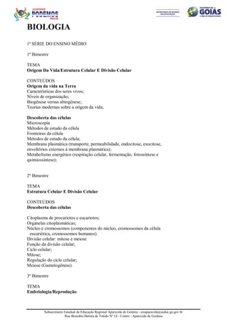 Subsecretaria Estadual de Educação Regional Aparecida de Goiânia - sreaparecida@seduc.go.gov.br
Rua Benedito Batista de Toledo Nº 14 - Centro - Aparecida de Goiânia
BIOLOGIA
1ª SÉRIE DO ENSINO MÉDIO
1º Bimestre
TEMA
Origem Da Vida/Estrutura Celular E Divisão Celular
CONTEÚDOS
Origem da vida na Terra
Características dos seres vivos;
Níveis de organização;
Biogênese versus abiogênese;
Teorias modernas sobre a origem da vida;
Descoberta das células
Microscopia
Métodos de estudo da célula
Fronteiras da célula
Métodos de estudo da célula;
Membrana plasmática (transporte, permeabilidade, endocitose, exocitose,
envoltórios externos à membrana plasmática);
Metabolismo energético (respiração celular, fermentação, fotossíntese e
quimiossíntese);
2º Bimestre
TEMA
Estrutura Celular E Divisão Celular
CONTEÚDOS
Descoberta das células
Citoplasma de procariotos e eucariotos;
Organelas citoplasmáticas;
Núcleo e cromossomos (componentes do núcleo, cromossomos da célula
eucariótica, cromossomos humanos).
Divisão celular: mitose e meiose
Função da divisão celular;
Ciclo celular;
Mitose;
Regulação do ciclo celular;
Meiose (Gametogênese).
3º Bimestre
TEMA
Embriologia/Reprodução
 