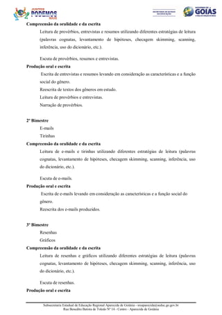 Subsecretaria Estadual de Educação Regional Aparecida de Goiânia - sreaparecida@seduc.go.gov.br
Rua Benedito Batista de Toledo Nº 14 - Centro - Aparecida de Goiânia
Compreensão da oralidade e da escrita
Leitura de provérbios, entrevistas e resumos utilizando diferentes estratégias de leitura
(palavras cognatas, levantamento de hipóteses, checagem skimming, scanning,
inferência, uso do dicionário, etc.).
Escuta de provérbios, resumos e entrevistas.
Produção oral e escrita
Escrita de entrevistas e resumos levando em consideração as características e a função
social do gênero.
Reescrita de textos dos gêneros em estudo.
Leitura de provérbios e entrevistas.
Narração de provérbios.
2º Bimestre
E-mails
Tirinhas
Compreensão da oralidade e da escrita
Leitura de e-mails e tirinhas utilizando diferentes estratégias de leitura (palavras
cognatas, levantamento de hipóteses, checagem skimming, scanning, inferência, uso
do dicionário, etc.).
Escuta de e-mails.
Produção oral e escrita
Escrita de e-mails levando em consideração as características e a função social do
gênero.
Reescrita dos e-mails produzidos.
3º Bimestre
Resenhas
Gráficos
Compreensão da oralidade e da escrita
Leitura de resenhas e gráficos utilizando diferentes estratégias de leitura (palavras
cognatas, levantamento de hipóteses, checagem skimming, scanning, inferência, uso
do dicionário, etc.).
Escuta de resenhas.
Produção oral e escrita
 