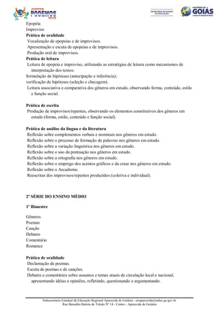 Subsecretaria Estadual de Educação Regional Aparecida de Goiânia - sreaparecida@seduc.go.gov.br
Rua Benedito Batista de Toledo Nº 14 - Centro - Aparecida de Goiânia
Epopéia
Improviso
Prática de oralidade
Vocalização de epopeias e de improvisos.
Apresentação e escuta de epopeias e de improvisos.
Produção oral de improvisos.
Prática de leitura
Leitura de epopeia e improviso, utilizando as estratégias de leitura como mecanismos de
interpretação dos textos:
formulação de hipóteses (antecipação e inferência);
verificação de hipóteses (seleção e checagem).
Leitura associativa e comparativa dos gêneros em estudo, observando forma, conteúdo, estilo
e função social.
Prática de escrita
Produção de improvisos/repentes, observando os elementos constitutivos dos gêneros em
estudo (forma, estilo, conteúdo e função social).
Prática de análise da língua e da literatura
Reflexão sobre complementos verbais e nominais nos gêneros em estudo.
Reflexão sobre o processo de formação de palavras nos gêneros em estudo.
Reflexão sobre a variação linguística nos gêneros em estudo.
Reflexão sobre o uso da pontuação nos gêneros em estudo.
Reflexão sobre a ortografia nos gêneros em estudo.
Reflexão sobre o emprego dos acentos gráficos e da crase nos gêneros em estudo.
Reflexão sobre o Arcadismo.
Reescritas dos improvisos/repentes produzidos (coletiva e individual).
2ª SÉRIE DO ENSINO MÉDIO
1º Bimestre
Gêneros
Poemas
Canção
Debates
Comentário
Romance
Prática de oralidade
Declamação de poemas.
Escuta de poemas e de canções.
Debates e comentários sobre assuntos e temas atuais de circulação local e nacional,
apresentando idéias e opiniões, refletindo, questionando e argumentando.
 