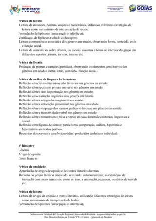 Subsecretaria Estadual de Educação Regional Aparecida de Goiânia - sreaparecida@seduc.go.gov.br
Rua Benedito Batista de Toledo Nº 14 - Centro - Aparecida de Goiânia
Prática de leitura
Leitura de romances, poemas, canções e comentários, utilizando diferentes estratégias de
leitura como mecanismos de interpretação de textos:
Formulação de hipóteses (antecipação e inferência);
Verificação de hipóteses (seleção e checagem).
Leitura comparativa e associativa dos gêneros em estudo, observando forma, conteúdo, estilo
e função social.
Leitura de comentários sobre debates, ou mesmo, assuntos e temas de interesse do grupo em
diferentes suportes: jornais, revistas, internet etc.
Prática de Escrita
Produção de poemas e canções (paródias), observando os elementos constitutivos dos
gêneros em estudo (forma, estilo, conteúdo e função social).
Prática de análise da língua e da literatura
Reflexão sobre textos literários e não literários nos gêneros em estudo.
Reflexão sobre textos em prosa e em verso nos gêneros em estudo.
Reflexão sobre o uso da pontuação nos gêneros em estudo.
Reflexão sobre variação lingüística nos gêneros em estudo.
Reflexão sobre a ortografia nos gêneros em estudo.
Reflexão sobre a colocação pronominal nos gêneros em estudo.
Reflexão sobre o emprego dos acentos gráficos e da crase nos gêneros em estudo.
Reflexão sobre a transitividade verbal nos gêneros em estudo.
Reflexão sobre o romantismo (prosa e verso) em suas dimensões histórica, linguística e
social.
Reflexão sobre figuras de sintaxe: paralelismo, comparação, anáfora, hiponímia e
hiperonímia nos textos poéticos.
Reescritas dos poemas e canções (paródias) produzidos (coletiva e individual).
2º Bimestre
Gêneros
Artigo de opinião
Conto literário
Prática de oralidade
Apreciação de artigos de opinião e de contos literários diversos.
Reconto do gênero literário em estudo, utilizando, autonomamente, as estratégias de
interação com textos narrativos, como o ritmo, a entonação, as pausas, os efeitos de sentido
etc.
Prática de leitura
Leitura de artigos de opinião e contos literários, utilizando diferentes estratégias de leitura
como mecanismos de interpretação de textos:
Formulação de hipóteses (antecipação e inferência);
 