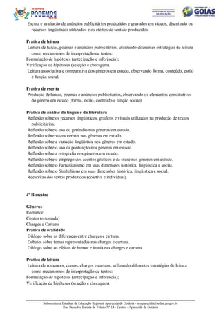 Subsecretaria Estadual de Educação Regional Aparecida de Goiânia - sreaparecida@seduc.go.gov.br
Rua Benedito Batista de Toledo Nº 14 - Centro - Aparecida de Goiânia
Escuta e avaliação de anúncios publicitários produzidos e gravados em vídeos, discutindo os
recursos lingüísticos utilizados e os efeitos de sentido produzidos.
Prática de leitura
Leitura de haicai, poemas e anúncios publicitários, utilizando diferentes estratégias de leitura
como mecanismos de interpretação de textos:
Formulação de hipóteses (antecipação e inferência);
Verificação de hipóteses (seleção e checagem).
Leitura associativa e comparativa dos gêneros em estudo, observando forma, conteúdo, estilo
e função social.
Prática de escrita
Produção de haicai, poemas e anúncios publicitários, observando os elementos constitutivos
do gênero em estudo (forma, estilo, conteúdo e função social).
Prática de análise da língua e da literatura
Reflexão sobre os recursos lingüísticos, gráficos e visuais utilizados na produção de textos
publicitários.
Reflexão sobre o uso do gerúndio nos gêneros em estudo.
Reflexão sobre vozes verbais nos gêneros em estudo.
Reflexão sobre a variação lingüística nos gêneros em estudo.
Reflexão sobre o uso da pontuação nos gêneros em estudo.
Reflexão sobre a ortografia nos gêneros em estudo.
Reflexão sobre o emprego dos acentos gráficos e da crase nos gêneros em estudo.
Reflexão sobre o Parnasianismo em suas dimensões histórica, lingüística e social.
Reflexão sobre o Simbolismo em suas dimensões histórica, lingüística e social.
Reescritas dos textos produzidos (coletiva e individual).
4º Bimestre
Gêneros
Romance
Contos (retomada)
Charges e Cartuns
Prática de oralidade
Diálogo sobre as diferenças entre charges e cartuns.
Debates sobre temas representados nas charges e cartuns.
Diálogo sobre os efeitos de humor e ironia nas charges e cartuns.
Prática de leitura
Leitura de romances, contos, charges e cartuns, utilizando diferentes estratégias de leitura
como mecanismos de interpretação de textos:
Formulação de hipóteses (antecipação e inferência);
Verificação de hipóteses (seleção e checagem).
 