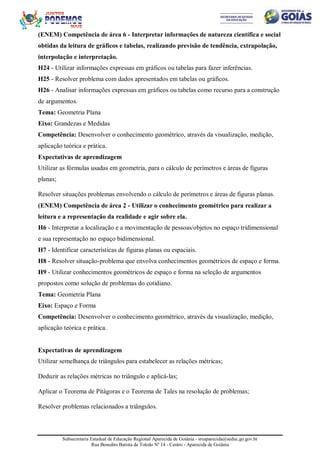 Subsecretaria Estadual de Educação Regional Aparecida de Goiânia - sreaparecida@seduc.go.gov.br
Rua Benedito Batista de Toledo Nº 14 - Centro - Aparecida de Goiânia
(ENEM) Competência de área 6 - Interpretar informações de natureza científica e social
obtidas da leitura de gráficos e tabelas, realizando previsão de tendência, extrapolação,
interpolação e interpretação.
H24 - Utilizar informações expressas em gráficos ou tabelas para fazer inferências.
H25 - Resolver problema com dados apresentados em tabelas ou gráficos.
H26 - Analisar informações expressas em gráficos ou tabelas como recurso para a construção
de argumentos.
Tema: Geometria Plana
Eixo: Grandezas e Medidas
Competência: Desenvolver o conhecimento geométrico, através da visualização, medição,
aplicação teórica e prática.
Expectativas de aprendizagem
Utilizar as fórmulas usadas em geometria, para o cálculo de perímetros e áreas de figuras
planas;
Resolver situações problemas envolvendo o cálculo de perímetros e áreas de figuras planas.
(ENEM) Competência de área 2 - Utilizar o conhecimento geométrico para realizar a
leitura e a representação da realidade e agir sobre ela.
H6 - Interpretar a localização e a movimentação de pessoas/objetos no espaço tridimensional
e sua representação no espaço bidimensional.
H7 - Identificar características de figuras planas ou espaciais.
H8 - Resolver situação-problema que envolva conhecimentos geométricos de espaço e forma.
H9 - Utilizar conhecimentos geométricos de espaço e forma na seleção de argumentos
propostos como solução de problemas do cotidiano.
Tema: Geometria Plana
Eixo: Espaço e Forma
Competência: Desenvolver o conhecimento geométrico, através da visualização, medição,
aplicação teórica e prática.
Expectativas de aprendizagem
Utilizar semelhança de triângulos para estabelecer as relações métricas;
Deduzir as relações métricas no triângulo e aplicá-las;
Aplicar o Teorema de Pitágoras e o Teorema de Tales na resolução de problemas;
Resolver problemas relacionados a triângulos.
 