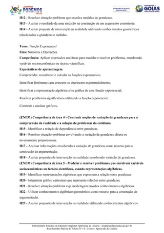 Subsecretaria Estadual de Educação Regional Aparecida de Goiânia - sreaparecida@seduc.go.gov.br
Rua Benedito Batista de Toledo Nº 14 - Centro - Aparecida de Goiânia
H12 - Resolver situação-problema que envolva medidas de grandezas.
H13 - Avaliar o resultado de uma medição na construção de um argumento consistente.
H14 - Avaliar proposta de intervenção na realidade utilizando conhecimentos geométricos
relacionados a grandezas e medidas.
Tema: Função Exponencial
Eixo: Números e Operações
Competência: Aplicar expressões analíticas para modelar e resolver problemas, envolvendo
variáveis socioeconômicas ou técnico-científicas.
Expectativas de aprendizagem
Compreender, reconhecer e calcular as funções exponenciais;
Identificar fenômenos que crescem ou decrescem exponencialmente;
Identificar a representação algébrica e/ou gráfica de uma função exponencial;
Resolver problemas significativos utilizando a função exponencial;
Construir e analisar gráficos.
(ENEM) Competência de área 4 - Construir noções de variação de grandezas para a
compreensão da realidade e a solução de problemas do cotidiano.
H15 - Identificar a relação de dependência entre grandezas.
H16 - Resolver situação-problema envolvendo a variação de grandezas, direta ou
inversamente proporcionais.
H17 - Analisar informações envolvendo a variação de grandezas como recurso para a
construção de argumentação.
H18 - Avaliar propostas de intervenção na realidade envolvendo variação de grandezas.
(ENEM) Competência de área 5 - Modelar e resolver problemas que envolvem variáveis
socioeconômicas ou técnico-científicas, usando representações algébricas.
H19 - Identificar representações algébricas que expressem a relação entre grandezas.
H20 - Interpretar gráfico cartesiano que represente relações entre grandezas.
H21 - Resolver situação-problema cuja modelagem envolva conhecimentos algébricos.
H22 - Utilizar conhecimentos algébricos/geométricos como recurso para a construção de
argumentação.
H23 - Avaliar propostas de intervenção na realidade utilizando conhecimentos algébricos.
 