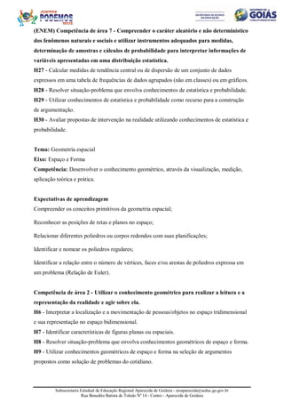Subsecretaria Estadual de Educação Regional Aparecida de Goiânia - sreaparecida@seduc.go.gov.br
Rua Benedito Batista de Toledo Nº 14 - Centro - Aparecida de Goiânia
(ENEM) Competência de área 7 - Compreender o caráter aleatório e não determinístico
dos fenômenos naturais e sociais e utilizar instrumentos adequados para medidas,
determinação de amostras e cálculos de probabilidade para interpretar informações de
variáveis apresentadas em uma distribuição estatística.
H27 - Calcular medidas de tendência central ou de dispersão de um conjunto de dados
expressos em uma tabela de frequências de dados agrupados (não em classes) ou em gráficos.
H28 - Resolver situação-problema que envolva conhecimentos de estatística e probabilidade.
H29 - Utilizar conhecimentos de estatística e probabilidade como recurso para a construção
de argumentação.
H30 - Avaliar propostas de intervenção na realidade utilizando conhecimentos de estatística e
probabilidade.
Tema: Geometria espacial
Eixo: Espaço e Forma
Competência: Desenvolver o conhecimento geométrico, através da visualização, medição,
aplicação teórica e prática.
Expectativas de aprendizagem
Compreender os conceitos primitivos da geometria espacial;
Reconhecer as posições de retas e planos no espaço;
Relacionar diferentes poliedros ou corpos redondos com suas planificações;
Identificar e nomear os poliedros regulares;
Identificar a relação entre o número de vértices, faces e/ou arestas de poliedros expressa em
um problema (Relação de Euler).
Competência de área 2 - Utilizar o conhecimento geométrico para realizar a leitura e a
representação da realidade e agir sobre ela.
H6 - Interpretar a localização e a movimentação de pessoas/objetos no espaço tridimensional
e sua representação no espaço bidimensional.
H7 - Identificar características de figuras planas ou espaciais.
H8 - Resolver situação-problema que envolva conhecimentos geométricos de espaço e forma.
H9 - Utilizar conhecimentos geométricos de espaço e forma na seleção de argumentos
propostos como solução de problemas do cotidiano.
 