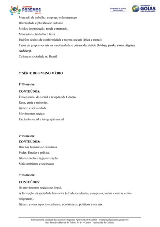 Subsecretaria Estadual de Educação Regional Aparecida de Goiânia - sreaparecida@seduc.go.gov.br
Rua Benedito Batista de Toledo Nº 14 - Centro - Aparecida de Goiânia
Mercado de trabalho, emprego e desemprego
Diversidade e pluralidade cultural.
Modos de produção, renda e mercado.
Mercadoria, trabalho e lazer.
Padrões sociais de conformidade e norma sociais (ética e moral).
Tipos de grupos sociais na modernidade e pós-modernidade (hi-hop, punks, emos, hippies,
clubbers).
Cultura e sociedade no Brasil.
3ª SÉRIE DO ENSINO MÉDIO
1º Bimestre
CONTEÚDOS:
Étnico-racial do Brasil e relações de Gênero
Raça, etnia e minorias.
Gênero e sexualidade.
Movimentos sociais
Exclusão social e integração social
2º Bimestre
CONTEÚDOS:
Direitos humanos e cidadania.
Poder, Estado e política.
Globalização e regionalização.
Meio ambiente e sociedade
3º Bimestre
CONTEÚDOS:
Os movimentos sociais no Brasil.
A formação da sociedade brasileira (afrodescendentes, europeuss, índios e outras etnias
imigrantes).
Gênero e seus aspectos culturais, econômicos, políticos e sociais.
 