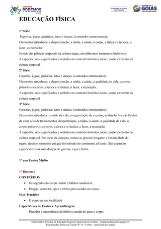 Subsecretaria Estadual de Educação Regional Aparecida de Goiânia - sreaparecida@seduc.go.gov.br
Rua Benedito Batista de Toledo Nº 14 - Centro - Aparecida de Goiânia
EDUCAÇÃO FÍSICA
1º Série
Esportes, jogos, ginástica, lutas e danças. (conteúdos estruturantes);
Elementos articulares: a desportização, a mídia, a saúde, o corpo, a tática e a técnica, o
lazer, a recreação;
Estudo das práticas corporais da cultura negra, em diferentes momentos históricos;
A capoeira, seus significados e sentidos no contexto histórico social, como elemento da
cultura corporal.
2º Série
Esportes, jogos, ginástica, lutas e danças. (conteúdos estruturantes);
Elementos articulares: a desportização, a mídia, a saúde, a qualidade de vida, o corpo,
primeiros socorros, a tática e a técnica, o lazer, a recreação;
A capoeira, seus significados e sentidos no contexto histórico social, como elemento da
cultura corporal.
3º Série
Esportes, jogos, ginástica, lutas e danças. (conteúdos estruturantes);
Elementos articulares: o estilo de vida, a organização de eventos, avaliação física (cálculos
de zona alvo de treinamento), desportização, a mídia, a saúde, a qualidade de vida, o
corpo, primeiros socorros, a tática e a técnica, o lazer, a recreação;
A capoeira, seus significados e sentidos no contexto histórico social, como elemento da
cultura corporal. Por meio da capoeira, tornar-se possível resgatar a historicidade do
negro, desde o momento em que foi retirado do continente africano. São exemplos
significativos as suas danças de guerras, caça e festas.
1º ano Ensino Médio
1º Bimestre
CONTEÚDOS
· Os segredos do corpo: saúde e hábitos saudáveis;
· Drogas: conceito, tipos e efeitos provocados no corpo.
Eixo Temático
· O corpo na sua totalidade
Expectativas de Ensino e Aprendizagem
Perceber a importância de hábitos saudáveis para o corpo;
 