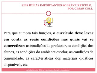 SEIS IDÉIAS IMPORTANTES SOBRE CURRÍCULO,  POR CESAR COLL Para que cumpra tais funções,  o currículo deve levar em conta as reais condições nas quais vai se concretizar : as condições do professor, as condições dos alunos, as condições do ambiente escolar, as condições da comunidade, as características dos materiais didáticos disponíveis, etc. Nathália Ferreira    http://amigadapedagogia.blogspot.com 5 