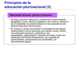 Principios de la
educación plurinacional (3)

  Educación diversa, plural e inclusiva
  • Diversa y plural en aplicación y pertinencia a cada contexto
    geográfico, social, cultural y lingüístico; así como en relación a
    las modalidades de implementación en los subsistemas del
    Sistema Educativo Plurinacional.
  • Es inclusiva, porque asumiendo la diversidad de los grupos
    poblacionales y de las personas que habitan el país, ofrece
    una educación oportuna y pertinente a las
    necesidades, expectativas e intereses de todas y todos los
    habitantes del Estado Plurinacional, con igualdad de
    oportunidades y equiparación de condiciones, sin
    discriminación alguna.
 