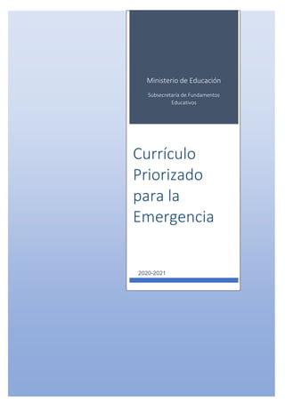 Ministerio de Educación
Subsecretaría de Fundamentos
Educativos
2020-2021
Currículo
Priorizado
para la
Emergencia
 