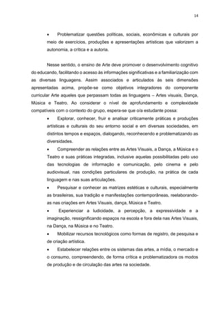 14
 Problematizar questões políticas, sociais, econômicas e culturais por
meio de exercícios, produções e apresentações artísticas que valorizem a
autonomia, a crítica e a autoria.
Nesse sentido, o ensino de Arte deve promover o desenvolvimento cognitivo
do educando, facilitando o acesso às informações significativas e a familiarização com
as diversas linguagens. Assim associados e articulados às seis dimensões
apresentadas acima, propõe-se como objetivos integradores do componente
curricular Arte aqueles que perpassam todas as linguagens – Artes visuais, Dança,
Música e Teatro. Ao considerar o nível de aprofundamento e complexidade
compatíveis com o contexto do grupo, espera-se que o/a estudante possa:
 Explorar, conhecer, fruir e analisar criticamente práticas e produções
artísticas e culturais do seu entorno social e em diversas sociedades, em
distintos tempos e espaços, dialogando, reconhecendo e problematizando as
diversidades.
 Compreender as relações entre as Artes Visuais, a Dança, a Música e o
Teatro e suas práticas integradas, inclusive aquelas possibilitadas pelo uso
das tecnologias de informação e comunicação, pelo cinema e pelo
audiovisual, nas condições particulares de produção, na prática de cada
linguagem e nas suas articulações.
 Pesquisar e conhecer as matrizes estéticas e culturais, especialmente
as brasileiras, sua tradição e manifestações contemporâneas, reelaborando-
as nas criações em Artes Visuais, dança, Música e Teatro.
 Experienciar a ludicidade, a percepção, a expressividade e a
imaginação, ressignificando espaços na escola e fora dela nas Artes Visuais,
na Dança, na Música e no Teatro.
 Mobilizar recursos tecnológicos como formas de registro, de pesquisa e
de criação artística.
 Estabelecer relações entre os sistemas das artes, a mídia, o mercado e
o consumo, compreendendo, de forma crítica e problematizadora os modos
de produção e de circulação das artes na sociedade.
 