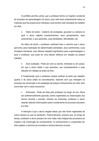 26
O portfólio permite, ainda, que o professor tenha um registro constante
do processo de aprendizagem do aluno, pois nele ﬁcam praticamente todos os
materiais que lhe proporcione interesse e que tenham sido resultado do trabalho
em Arte.
 Diário de bordo - Caderno de anotações, gravador ou câmera no
qual o aluno registra acontecimentos, seus pensamentos, seus
sentimentos, o que aprendeu, suas facilidades, diﬁculdades, etc.
No diário de bordo, o professor veriﬁcará todo o caminho que o aluno
percorreu para realização de determinadas atividades, seus sentimentos, suas
emoções individuais. Isso oferece respaldo signiﬁcativo para a aprendizagem e
para o professor, que pode ter uma atitude reﬂexiva em relação ao próprio
trabalho.
 Auto avaliação - Pode ser oral ou escrita, individual ou em grupo,
em que o aluno relata o que aprendeu, seu comportamento e suas
atitudes em relação às aulas de Arte.
É fundamental, pois o professor poderá veriﬁcar se tanto seu trabalho
quanto o do aluno estão se concretizando, fazendo com que interajam no
processo de construção e de ampliação do próprio conhecimento em Arte, bem
como lidar com o sócio emocional.
 Entrevista - Pode ser feita pelo professor ao longo do ano. Deve
ser preferencialmente gravada, sendo registradas as observações dos
alunos durante o período. Através da entrevista, professor e aluno
estarão obtendo informações sobre o andamento do processo educativo
em Arte.
A intenção é que o aluno resgate ideias que não foram registradas de
outra maneira ou que se perderam. Potencialmente, propicia que, ao longo do
tempo, professor e aluno possam ter uma visão mais integral dos processos de
criação e de construção de conhecimento. O conhecimento e a expressão em
Arte supõem o domínio de conceitos e termos técnicos na área.
 