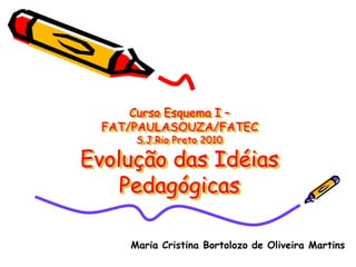 Curso Esquema I –
  FAT/PAULASOUZA/FATEC
      S.J.Rio Preto 2010

Evolução das Idéias
    Pedagógicas

     Maria Cristina Bortolozo de Oliveira Martins
 