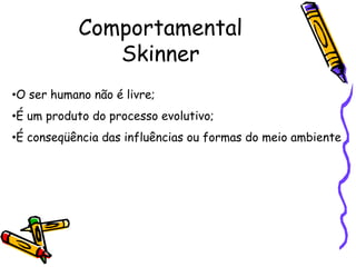 Comportamental
               Skinner
•O ser humano não é livre;
•É um produto do processo evolutivo;
•É conseqüência das influências ou formas do meio ambiente
 
