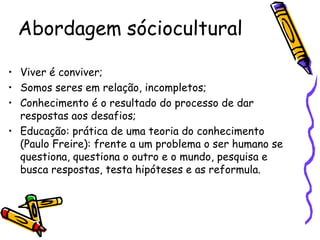Abordagem sóciocultural

• Viver é conviver;
• Somos seres em relação, incompletos;
• Conhecimento é o resultado do processo de dar
  respostas aos desafios;
• Educação: prática de uma teoria do conhecimento
  (Paulo Freire): frente a um problema o ser humano se
  questiona, questiona o outro e o mundo, pesquisa e
  busca respostas, testa hipóteses e as reformula.
 