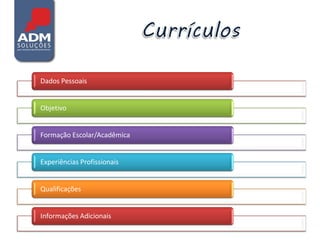 Dados Pessoais


Objetivo


Formação Escolar/Acadêmica


Experiências Profissionais


Qualificações


Informações Adicionais
 