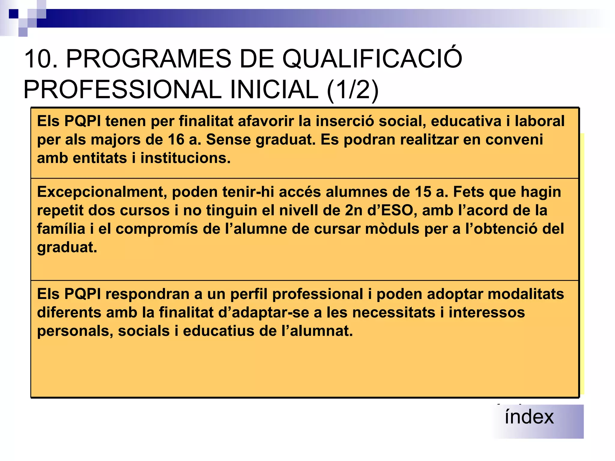 10. PROGRAMES DE QUALIFICACIÓ PROFESSIONAL INICIAL (1/2) Es podrà repetir el mateix curs una sola vegada i dues vegades, com a màxim, dins de l’etapa. Es podrà repetir dues vegades 4t. Si no s’ha repetit en cursos anteriors.  índex índex Els PQPI respondran a un perfil professional i poden adoptar modalitats diferents amb la finalitat d’adaptar-se a les necessitats i interessos personals, socials i educatius de l’alumnat. Excepcionalment, poden tenir-hi accés alumnes de 15 a. Fets que hagin repetit dos cursos i no tinguin el nivell de 2n d’ESO, amb l’acord de la família i el compromís de l’alumne de cursar mòduls per a l’obtenció del graduat. Els PQPI tenen per finalitat afavorir la inserció social, educativa i laboral per als majors de 16 a. Sense graduat. Es podran realitzar en conveni amb entitats i institucions.  