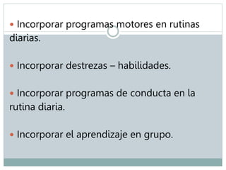  Incorporar programas motores en rutinas 
diarias. 
 Incorporar destrezas – habilidades. 
 Incorporar programas de conducta en la 
rutina diaria. 
 Incorporar el aprendizaje en grupo. 
 
