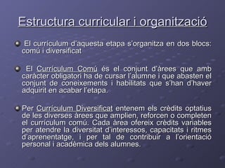 Estructura curricular i organització El currículum d’aquesta etapa s’organitza en dos blocs: comú i diversificat El  Currículum Comú  és el conjunt d’àrees que amb caràcter obligatori ha de cursar l’alumne i que abasten el conjunt de coneixements i habilitats que s’han d’haver adquirit en acabar l’etapa.  Per  Currículum Diversificat  entenem els crèdits optatius de les diverses àrees que amplien, reforcen o completen el currículum comú. Cada àrea ofereix crèdits variables per atendre la diversitat d’interessos, capacitats i ritmes d’aprenentatge, i per tal de contribuir a l’orientació personal i acadèmica dels alumnes. 