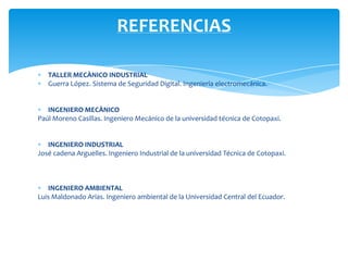 REFERENCIAS

   TALLER MECÀNICO INDUSTRIAL
   Guerra López. Sistema de Seguridad Digital. Ingeniería electromecánica.


   INGENIERO MECÀNICO
Paúl Moreno Casillas. Ingeniero Mecánico de la universidad técnica de Cotopaxi.


   INGENIERO INDUSTRIAL
José cadena Arguelles. Ingeniero Industrial de la universidad Técnica de Cotopaxi.



   INGENIERO AMBIENTAL
Luis Maldonado Arias. Ingeniero ambiental de la Universidad Central del Ecuador.
 