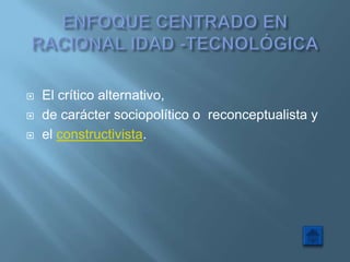    El crítico alternativo,
   de carácter sociopolítico o reconceptualista y
   el constructivista.
 