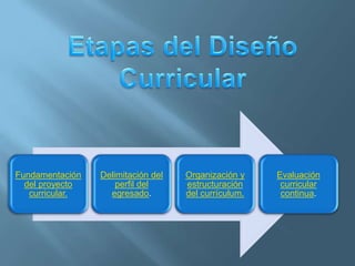 Fundamentación   Delimitación del   Organización y    Evaluación
  del proyecto       perfil del     estructuración     curricular
   curricular.     egresado.        del currículum.    continua.
 