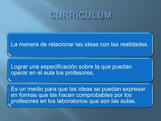 La manera de relacionar las ideas con las realidades.


Lograr una especificación sobre la que puedan
operar en el aula los profesores.

Es un medio para que las ideas se puedan expresar
en formas que las hacen comprobables por los
profesores en los laboratorios que son las aulas.
 