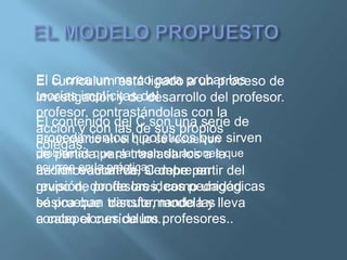 El C crea un marco para probar las
   currículum está ligado a un proceso de
teorías implícitas desarrollo del profesor.
investigación y dedel
profesor, contrastándolas con la
El contenido del C son una serie de
acción y con las de sus propios
procedimientos hipotéticos que sirven
Es un marco en el que se resuelven
colegas.
problemas que plantean situaciones que
de partida para trasladarlos a la
ocurren en la práctica. debe partir del
acción educativa, siempre en
La innovación del C
revisión, donde las ideas pedagógicas
grupo de profesores, como unidad
se prueban transformando las lleva
básica que discute, modela y
concepciones de los profesores..
a cabo el currículum..
 