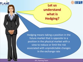 Let us understand what is Hedging?Hedging means taking a position in the future market that is opposite to a position in the physical market with a view to reduce or limit the risk associated with unpredictable changes in the exchange rate