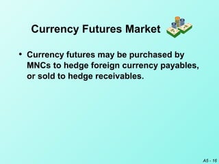 A5 - 16
• Currency futures may be purchased by
MNCs to hedge foreign currency payables,
or sold to hedge receivables.
Currency Futures Market
 
