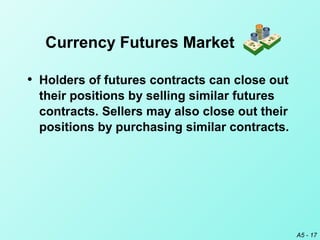 A5 - 17
• Holders of futures contracts can close out
their positions by selling similar futures
contracts. Sellers may also close out their
positions by purchasing similar contracts.
Currency Futures Market
 