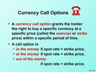 A5 - 21
• A currency call option grants the holder
the right to buy a specific currency at a
specific price (called the exercise or strike
price) within a specific period of time.
• A call option is
¤ in the money if spot rate > strike price,
¤ at the money if spot rate = strike price,
¤ out of the money
if spot rate < strike price.
Currency Call Options
 