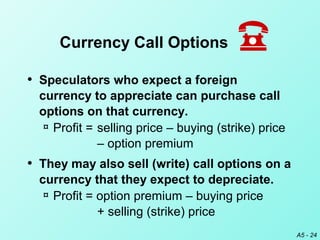 A5 - 24
• Speculators who expect a foreign
currency to appreciate can purchase call
options on that currency.
¤ Profit = selling price – buying (strike) price
– option premium
• They may also sell (write) call options on a
currency that they expect to depreciate.
¤ Profit = option premium – buying price
+ selling (strike) price
Currency Call Options
 