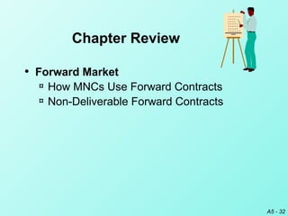 A5 - 32
• Forward Market
¤ How MNCs Use Forward Contracts
¤ Non-Deliverable Forward Contracts
Chapter Review
 