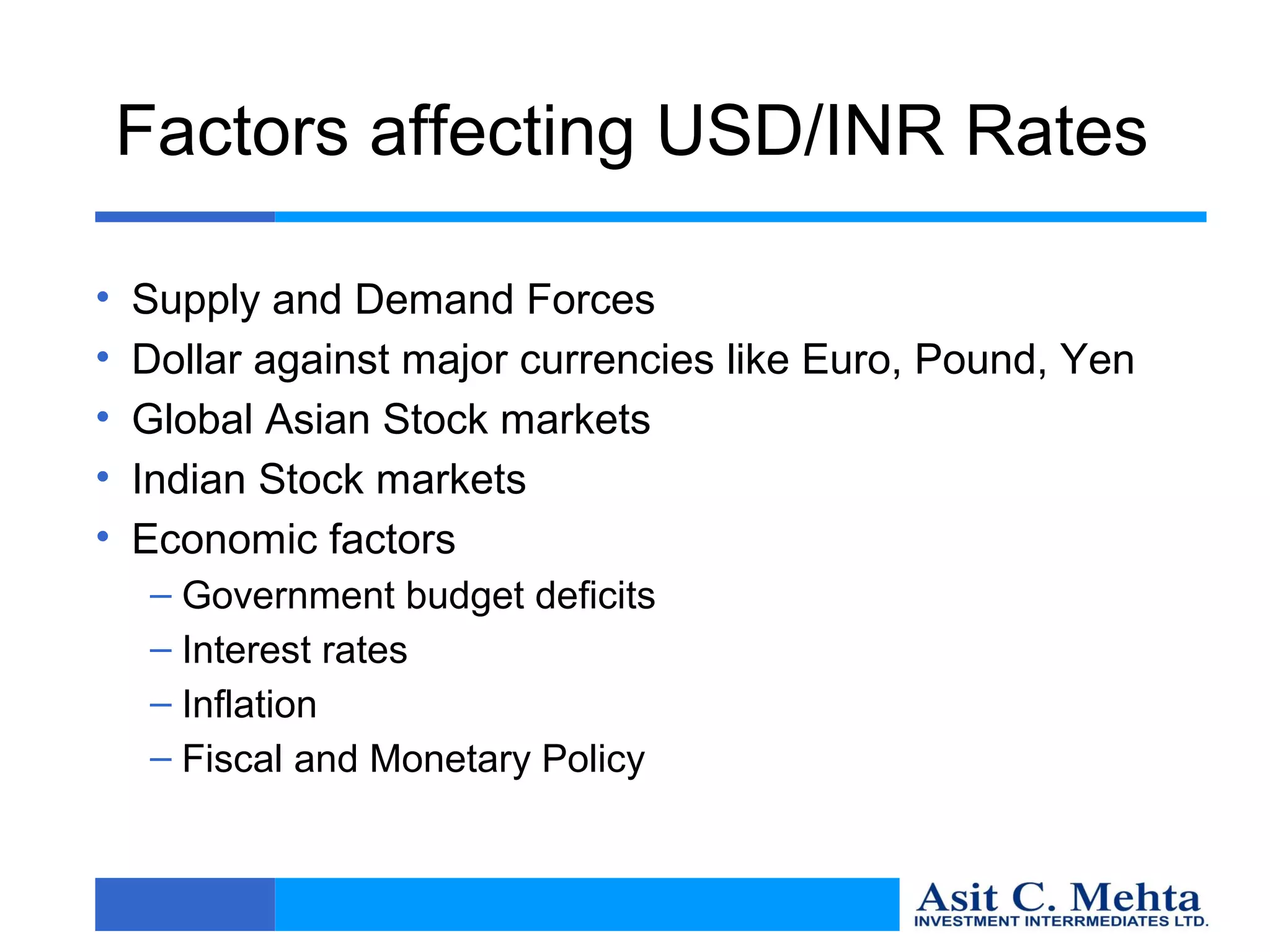 Factors affecting USD/INR Rates

•   Supply and Demand Forces
•   Dollar against major currencies like Euro, Pound, Yen
•   Global Asian Stock markets
•   Indian Stock markets
•   Economic factors
     – Government budget deficits
     – Interest rates
     – Inflation
     – Fiscal and Monetary Policy
 