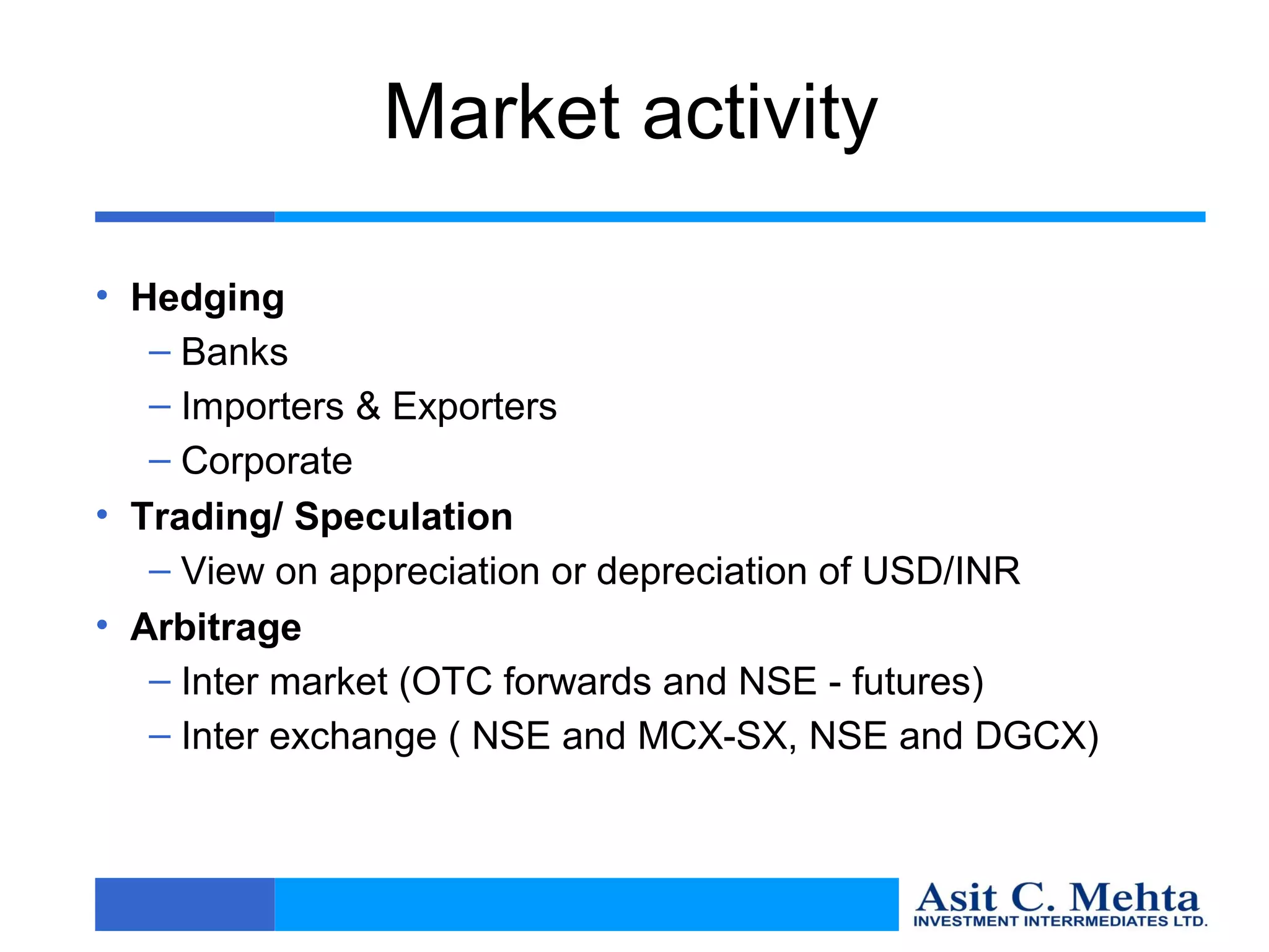 Market activity

• Hedging
   – Banks
   – Importers & Exporters
   – Corporate
• Trading/ Speculation
   – View on appreciation or depreciation of USD/INR
• Arbitrage
   – Inter market (OTC forwards and NSE - futures)
   – Inter exchange ( NSE and MCX-SX, NSE and DGCX)
 