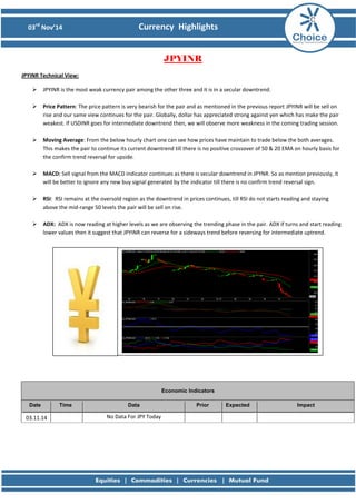 03rd Nov’14 Currency Highlights 
JPYINR 
JPYINR Technical View: 
 JPYINR is the most weak currency pair among the other three and it is in a secular downtrend. 
 Price Pattern: The price pattern is very bearish for the pair and as mentioned in the previous report JPYINR will be sell on rise and our same view continues for the pair. Globally, dollar has appreciated strong against yen which has make the pair weakest. If USDINR goes for intermediate downtrend then, we will observe more weakness in the coming trading session. 
 Moving Average: From the below hourly chart one can see how prices have maintain to trade below the both averages. This makes the pair to continue its current downtrend till there is no positive crossover of 50 & 20 EMA on hourly basis for the confirm trend reversal for upside. 
 MACD: Sell signal from the MACD indicator continues as there is secular downtrend in JPYNR. So as mention previously, it will be better to ignore any new buy signal generated by the indicator till there is no confirm trend reversal sign. 
 RSI: RSI remains at the oversold region as the downtrend in prices continues, till RSI do not starts reading and staying above the mid-range 50 levels the pair will be sell on rise. 
 ADX: ADX is now reading at higher levels as we are observing the trending phase in the pair. ADX if turns and start reading lower values then it suggest that JPYINR can reverse for a sideways trend before reversing for intermediate uptrend. 
Economic Indicators Date Time Data Prior Expected Impact 
03.11.14 
No Data For JPY Today 
 