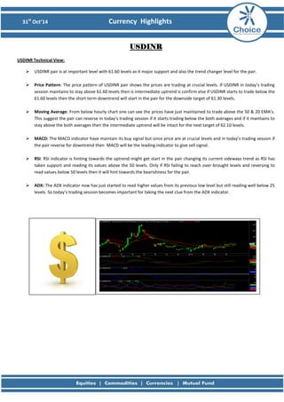 31st Oct’14 Currency Highlights 
USDINR 
USDINR Technical View: 
 USDINR pair is at important level with 61.60 levels as it major support and also the trend changer level for the pair. 
 Price Pattern: The price pattern of USDINR pair shows the prices are trading at crucial levels. If USDINR in today’s trading session maintains to stay above 61.60 levels then is intermediate uptrend is confirm else if USDINR starts to trade below the 61.60 levels then the short term downtrend will start in the pair for the downside target of 61.30 levels. 
 Moving Average: From below hourly chart one can see the prices have just maintained to trade above the 50 & 20 EMA’s. This suggest the pair can reverse in today’s trading session if it starts trading below the both averages and if it maintains to stay above the both averages then the intermediate uptrend will be intact for the next target of 62.10 levels. 
 MACD: The MACD indicator have maintain its buy signal but since price are at crucial levels and in today’s trading session if the pair reverse for downtrend then MACD will be the leading indicator to give sell signal. 
 RSI: RSI indicator is hinting towards the uptrend might get start in the pair changing its current sideways trend as RSI has taken support and reading its values above the 50 levels. Only if RSI failing to reach over-brought levels and reversing to read values below 50 levels then it will hint towards the bearishness for the pair. 
 ADX: The ADX indicator now has just started to read higher values from its previous low level but still reading well below 25 levels. So today’s trading session becomes important for taking the next clue from the ADX indicator. 
 