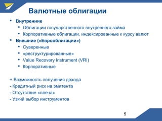 5
Валютные облигации
 Внутренние
 Облигации государственного внутреннего займа
 Корпоративные облигации, индексированные к курсу валют
 Внешние («Еврооблигации»)
 Суверенные
 «реструктурированные»
 Value Recovery Instrument (VRI)
 Корпоративные
+ Возможность получения дохода
- Кредитный риск на эмитента
- Отсутствие «плеча»
- Узкий выбор инструментов
 