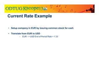 Current Rate Example
• Setup company in EUR by issuing common stock for cash
• Translate from EUR to USD
• EUR - > USD End of Period Rate = 1.33
 