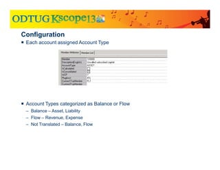 Configuration
 Each account assigned Account Type
 Account Types categorized as Balance or Flow
– Balance – Asset, Liability
– Flow – Revenue, Expense
– Not Translated – Balance, Flow
 