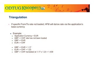 • If specific From/To rate not loaded, HFM will derive rate via the application’s
base currency
● Example:
● Application Currency = EUR
● GBP -> CHF rate has not been loaded
● GBP -> EUR
● EUR -> CHF
● GBP -> EUR = 1.17
● EUR -> CHF = 1.23
● GBP -> CHF translated at 1.17 x 1.23 = 1.439
Triangulation
 